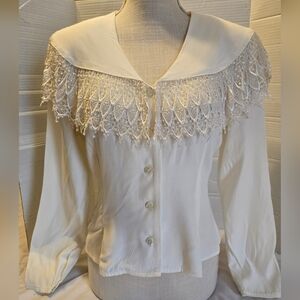 Vtg 70's Tarazzia Victorian Style Ivory Blouse Hand  Made Collar Pearl Button M